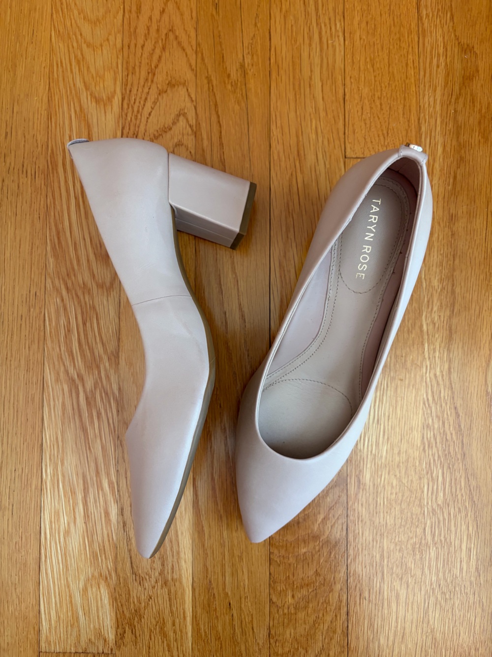 taryn rose madline pointed block heel pumps in blush